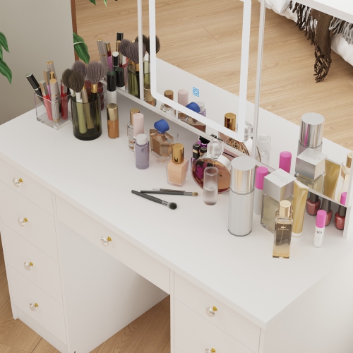 Famapy Vanity Desk Set Makeup Table with Large Three-color Illuminated Mirror, Dressing Table with 9 Drawers, Storage Shelves for Bedroom(43.3" W x