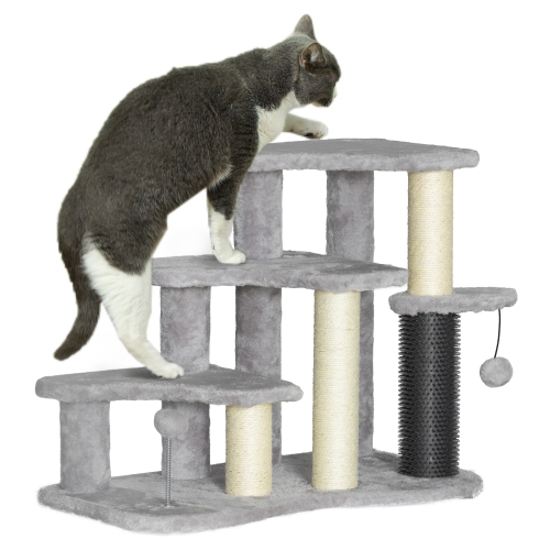 PAWHUT  20"h Cat Dog Stairs, 3 Steps Pet Cat Tree With Scratching Posts, Tickling Post, Toy Balls, Stairs for Bed, Couch, Sofa, Light In Grey