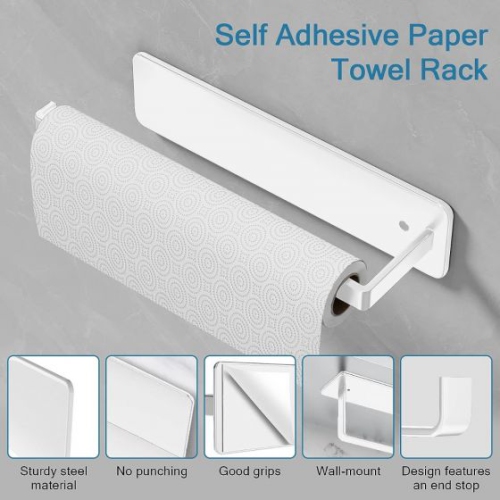 Self-Adhesive Metal Kitchen Tissue Paper Roll And Towel Bar Wall Hanging Towel Rack | White