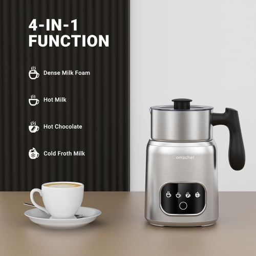 AMZCHEF 4-IN-1 Electric Milk Frother 550W | 400ML Mousseur Lait Electrique with LED Touch Screen | Fast and Uniform 3D Induction Heat Milk Steamer