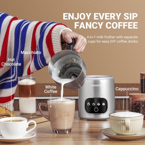 AMZCHEF 4-IN-1 Electric Milk Frother 550W | 400ML Mousseur Lait Electrique with LED Touch Screen | Fast and Uniform 3D Induction Heat Milk Steamer