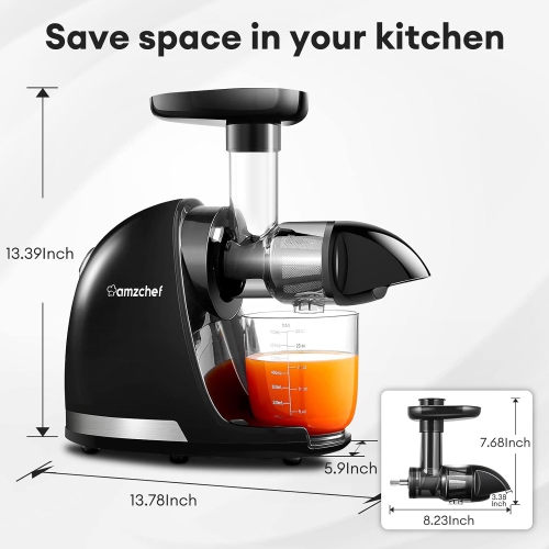 Masticating Juicer Machines, AMZCHEF Slow Cold Press Juicer with Reverse Function, High Juice Yield, Easy Clean with Brush,Recipes for High Nutrient