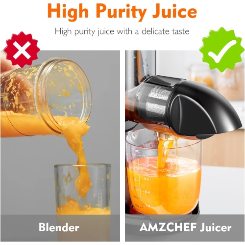 Masticating Juicer Machines, AMZCHEF Slow Cold Press Juicer with Reverse Function, High Juice Yield, Easy Clean with Brush,Recipes for High Nutrient
