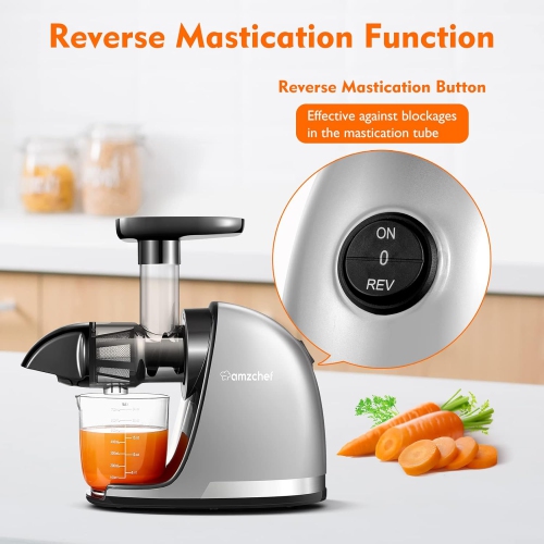 Masticating Juicer Machines, AMZCHEF Slow Cold Press Juicer with Reverse Function, High Juice Yield, Easy Clean with Brush,Recipes for High Nutrient