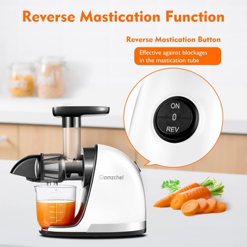 Masticating Juicer Machines, AMZCHEF Slow Cold Press Juicer with Reverse Function, High Juice Yield, Easy Clean with Brush,Recipes for High Nutrient