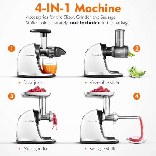 Masticating Juicer Machines, AMZCHEF Slow Cold Press Juicer with Reverse Function, High Juice Yield, Easy Clean with Brush,Recipes for High Nutrient