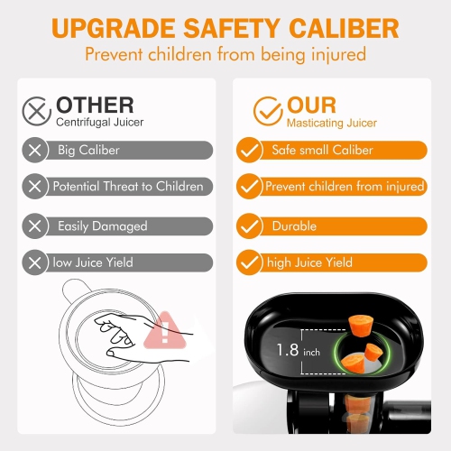 Masticating Juicer Machines, AMZCHEF Slow Cold Press Juicer with Reverse Function, High Juice Yield, Easy Clean with Brush,Recipes for High Nutrient