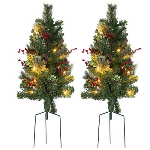 HOMCOM  2Ft/24" 2 Pack Pre-Lit Small Christmas Tree \w Lights Berries And Pine Cones, Artificial Xmas Tree for Outdoor, Pathway, Entryway, Battery