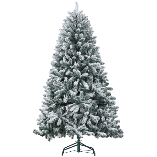 HOMCOM 6ft Artificial Flocked Christmas Tree with 796 Snow Tips, Metal Stand, Hinged Xmas Tree for Home Office Holiday, Green