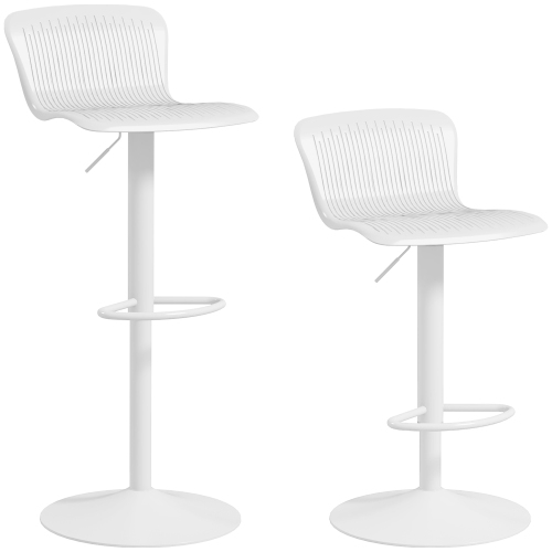 HOMCOM Polypropylene Bar Stools Set of 2, Swivel Counter Height Barstools with Adjustable Height, Footrest, Backrest for Kitchen, Breakfast Bar, White