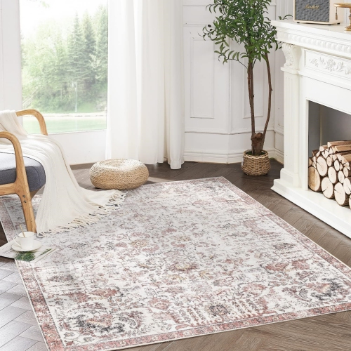 NIERBO  3 X 5 Area Rug - Washable Entryway Rug Vintage Distressed Floral Door Mat Non Slip Low Pile Rug Retro Farmhouse Boho Entrance Rug Carpet For