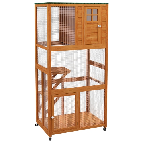 PAWHUT  " 74"" Wooden Outdoor Cat House Weatherproof & Wheeled, Catio Outdoor Cat Enclosure With High Weight Capacity, Kitten Cage Condo, Orange"