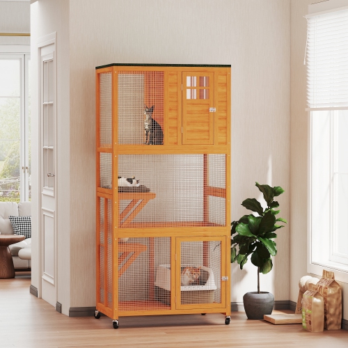 PawHut 74"H Wooden Catio Cat Enclosure, Indoor Outdoor Kitten House with Weatherproof Asphalt Roof & Brake Wheels, Luxury Kitten Condo Cage for
