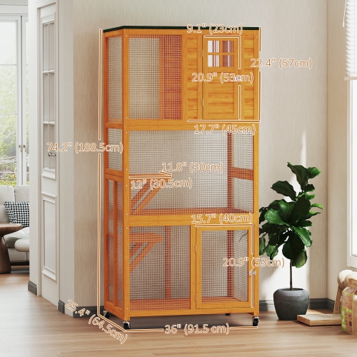 PawHut 74"H Wooden Catio Cat Enclosure, Indoor Outdoor Kitten House with Weatherproof Asphalt Roof & Brake Wheels, Luxury Kitten Condo Cage for