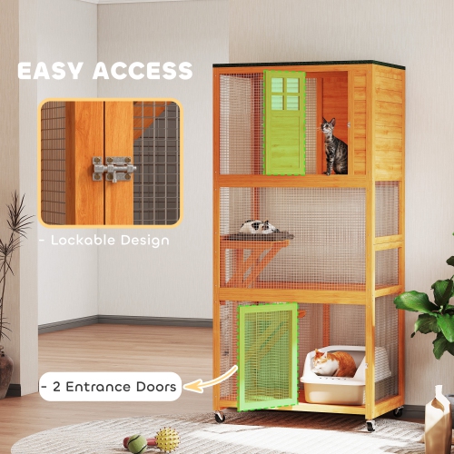 PawHut 74"H Wooden Catio Cat Enclosure, Indoor Outdoor Kitten House with Weatherproof Asphalt Roof & Brake Wheels, Luxury Kitten Condo Cage for