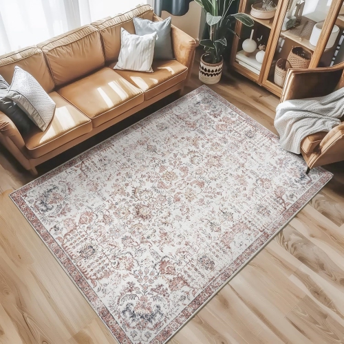 NIERBO  5 X 7 Area Rug - Large Washable Living Room Rug Vintage Distressed Floral Print Rug Retro Traditional Farmhouse Boho Rug Bedroom Rug Non Slip