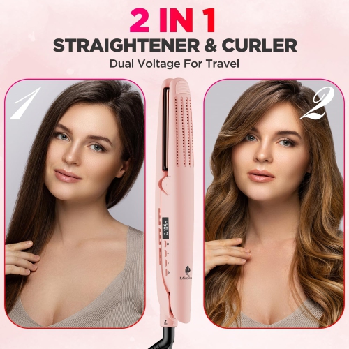 MiroPure Titanium Professional Flat Iron Hair Straightener and Curler 2 in 1 for Long Hair, Pink