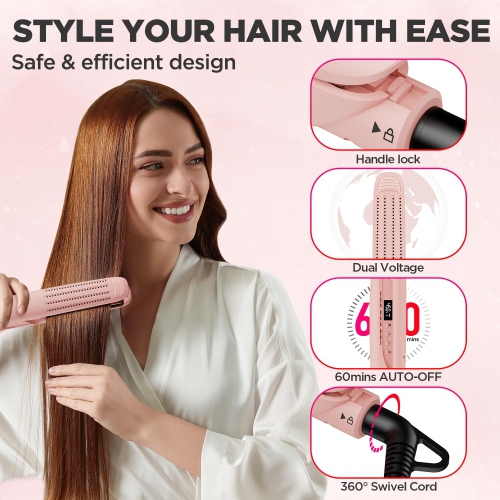 MiroPure Titanium Professional Flat Iron Hair Straightener and Curler 2 in 1 for Long Hair, Pink