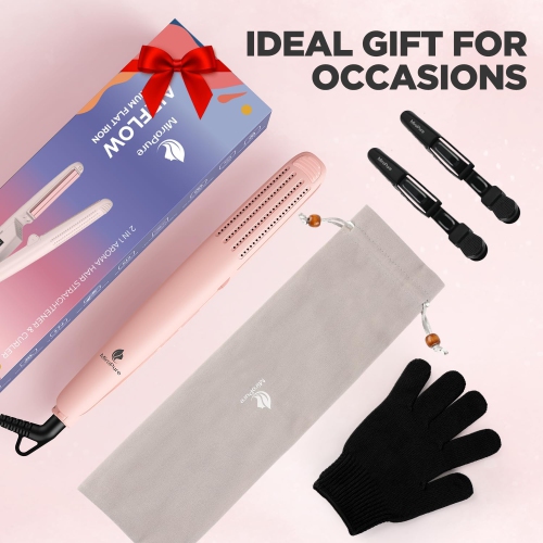 MiroPure Titanium Professional Flat Iron Hair Straightener and Curler 2 in 1 for Long Hair, Pink