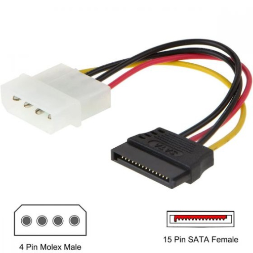 6-Inch 4-Pin Molex Male to 15-Pin SATA Female Power Adapter Cable, Improve Power Delivery to Your SATA Devices