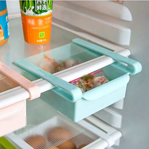 Fridge Organizer Storage Shelf ,Plastic Fridge Storage Sliding Drawer Freezer Storage Shelf Multipurpose Refrigerator Organizer Space Saver - Blue