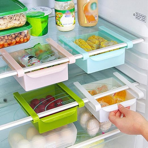 Fridge Organizer Storage Shelf ,Plastic Fridge Storage Sliding Drawer Freezer Storage Shelf Multipurpose Refrigerator Organizer Space Saver - Blue
