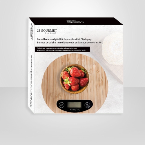 JS Gourmet - Round Digital Kitchen Scale with LCD Display, Made of Bamboo