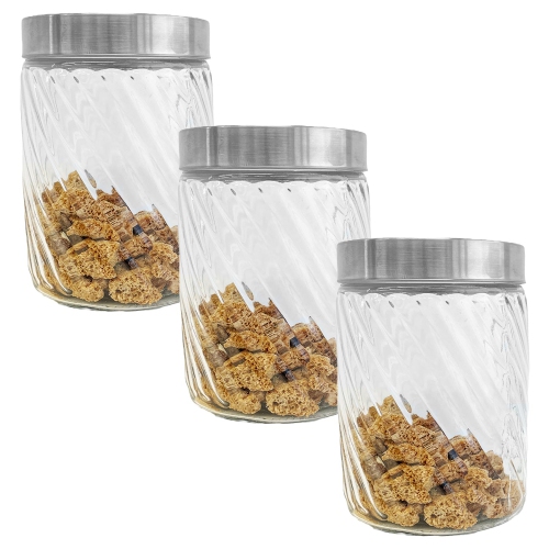 JS Gourmet - Set of 3 Embossed Glass Containers with Airtight Lid, 1300ml Capacity