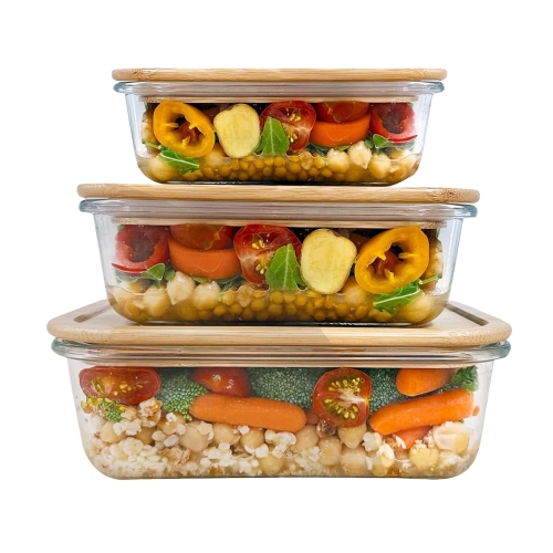 JS Gourmet - Set of 3 Food Containers, Bamboo Lid, Oven Safe