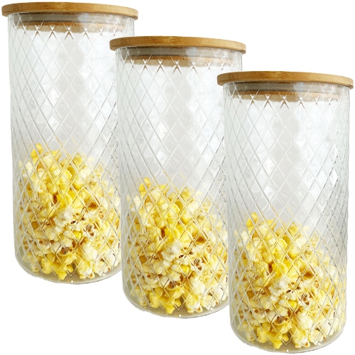 JS Gourmet - Set of 3 Embossed Glass Containers with Airtight Lid, 1800ml Capacity
