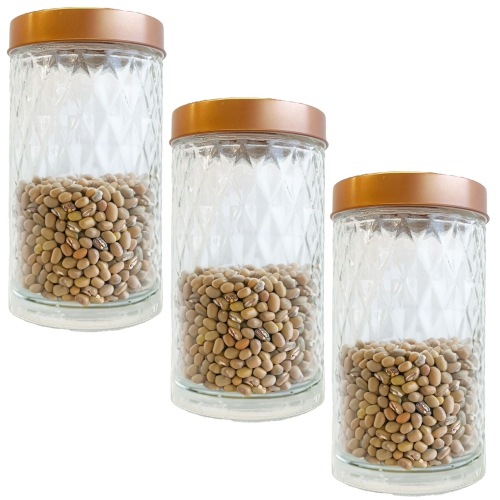 JS GOURMET  - Set Of 3 Embossed Glass Containers With Airtight Lid, 1700Ml Capacity