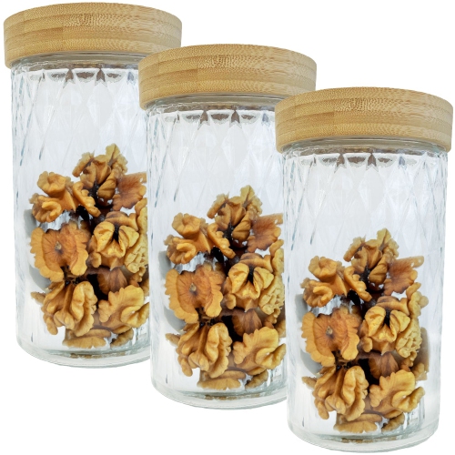JS GOURMET  - Set Of 3 Embossed Glass Containers With Airtight Lid, 1700Ml Capacity