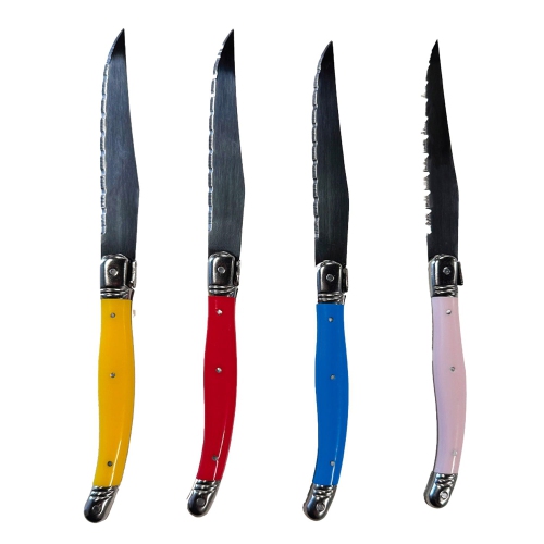 JS Gourmet - Set of 4 Laguiole Steak Knives, Stainless Steel Blade, Multicolored Handles