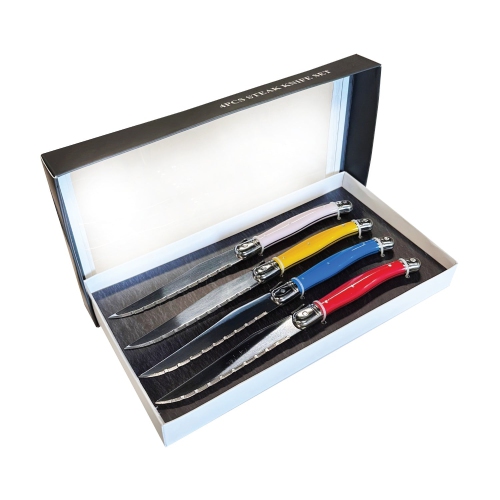 JS Gourmet - Set of 4 Laguiole Steak Knives, Stainless Steel Blade, Multicolored Handles