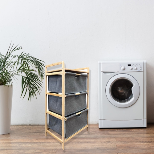 Jessar - Storage Cabinet with Removable Laundry Basket, Bamboo Frame, Grey