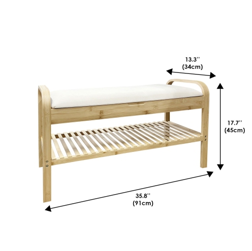Jessar – Tabouret d’entrée avec rangement pour chaussures, siège rembourré, cadre en bambou