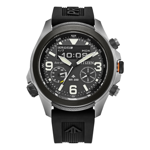 Montre pour hommes Promaster Land Eco-Drive 43,9&nbsp;mm de Citizen avec boîtier en acier inoxydable argenté et bracelet en polyuréthane noir avec ca