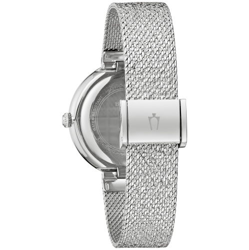 Bulova Ladies Crystal Quartz Watch 32mm Silver-Tone Stainless Steel Case and Bracelet with Silver Dial