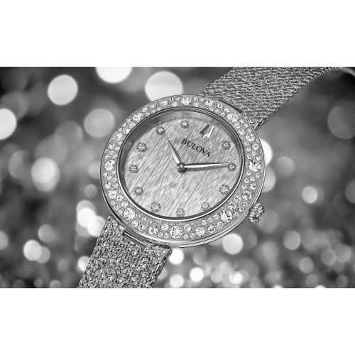 Bulova Ladies Crystal Quartz Watch 32mm Silver-Tone Stainless Steel Case and Bracelet with Silver Dial