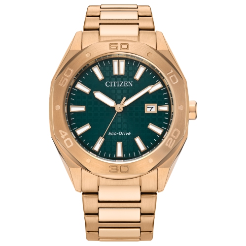 Montre pour hommes Weekender Eco-Drive de Citizen, 41&nbsp;mm boîtier et bracelet en inox rose doré avec cadran vert