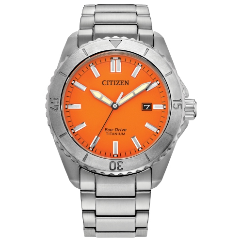 Montre pour hommes Brycen Eco-Drive 41&nbsp;mm avec boîtier et bracelet en super titane argenté et cadran orange de Citizen