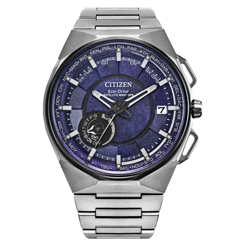 Montre homme, Satellite Wave GPS Eco-Drive, boîtier et bracelet 45,4&nbsp;mm ton argent Super Titanium, cadran bleu