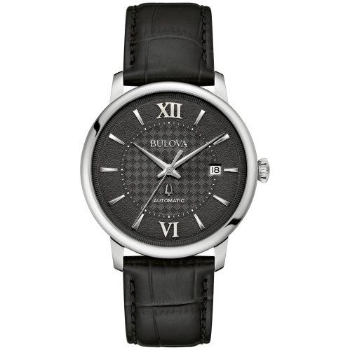 Bulova Mens Hudson Automatic Watch 39mm Silver-Tone Stainless Steel Case Black Leather Strap with Black Dial