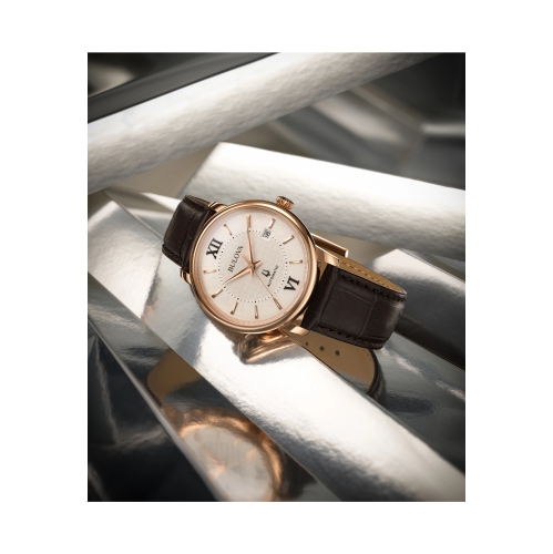 Bulova Mens Hudson Automatic Watch 39mm Rose Gold-Tone Stainless Steel Case Brown Leather Strap with Silver-White Dial