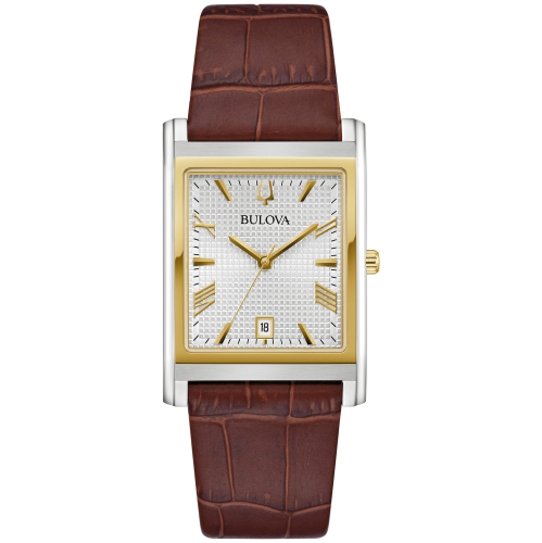 Montre à quartz hommes Sutton 29&nbsp;mm de Bulova avec boîtier en inox deux tons, bracelet cuir brun et cadran blanc argenté