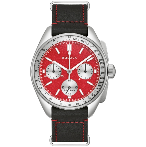 Bulova Mens Lunar Pilot HPQ Box-Set 43.5mm Silver-Tone Stainless Steel Case and Combination Bracelet/Strap with Red Dial