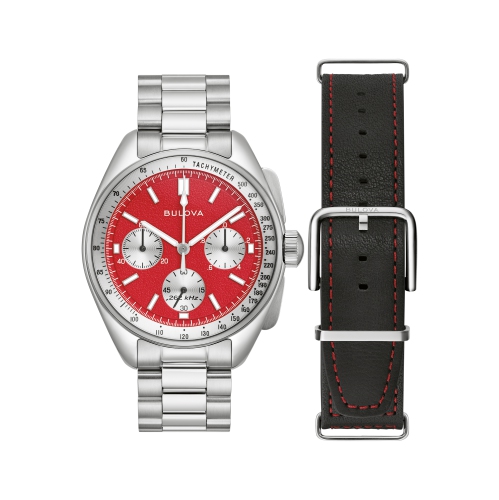 Bulova Mens Lunar Pilot HPQ Box-Set 43.5mm Silver-Tone Stainless Steel Case and Combination Bracelet/Strap with Red Dial