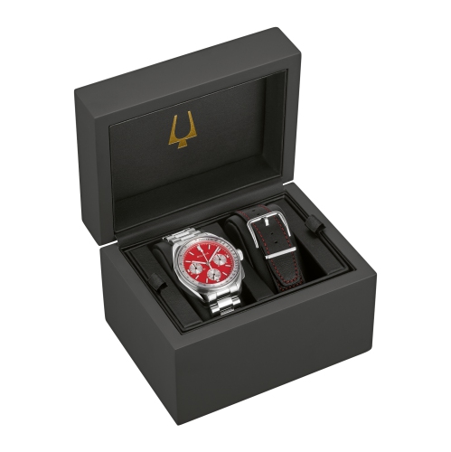 Bulova Mens Lunar Pilot HPQ Box-Set 43.5mm Silver-Tone Stainless Steel Case and Combination Bracelet/Strap with Red Dial