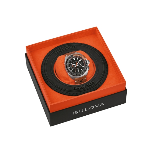 Bulova Mens Racer Chronograph Quartz Watch 42mm Silver-Tone Stainless Steel Case Brown Leather Strap with Black Dial