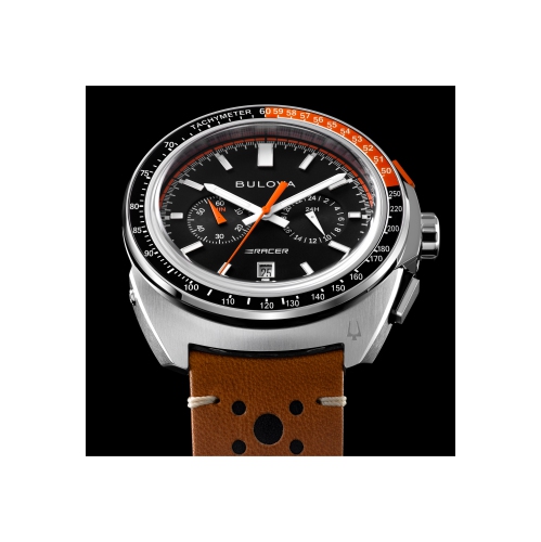 Bulova Mens Racer Chronograph Quartz Watch 42mm Silver-Tone Stainless Steel Case Brown Leather Strap with Black Dial